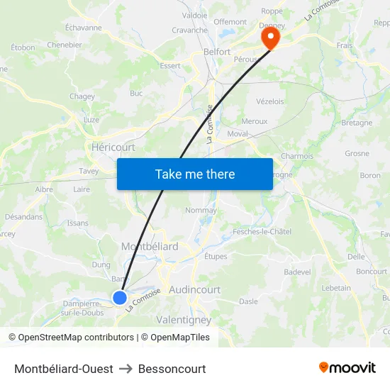 Montbéliard-Ouest to Bessoncourt map