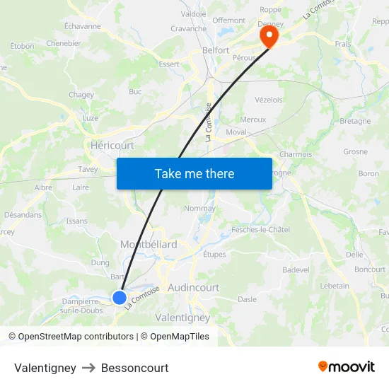 Valentigney to Bessoncourt map