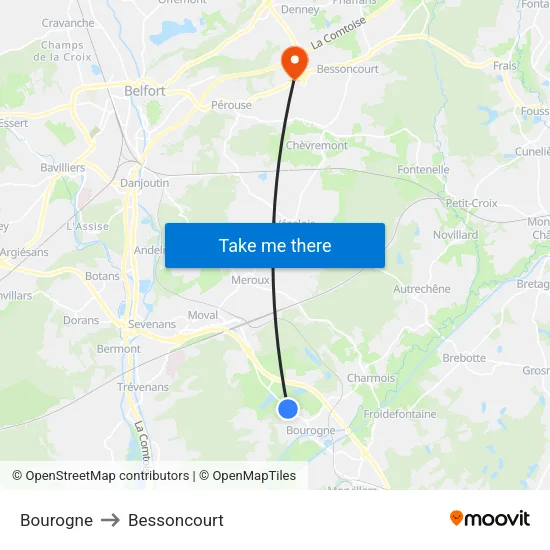Bourogne to Bessoncourt map
