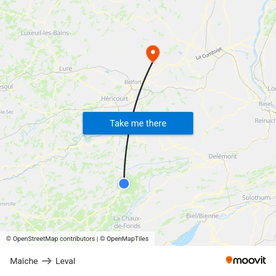 Maîche to Leval map