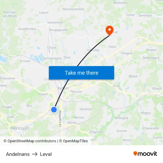 Andelnans to Leval map