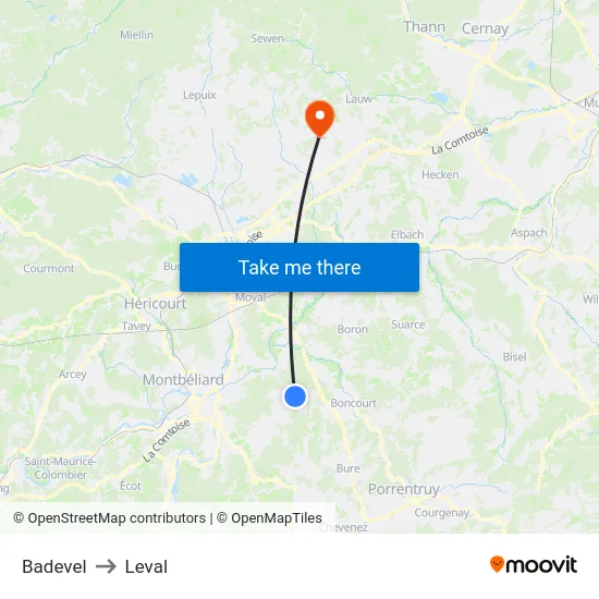 Badevel to Leval map