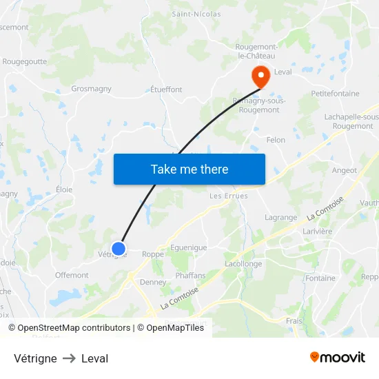 Vétrigne to Leval map