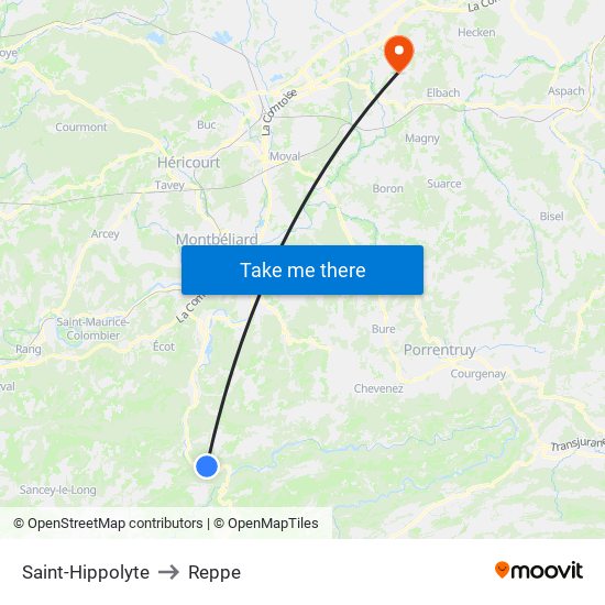 Saint-Hippolyte to Reppe map