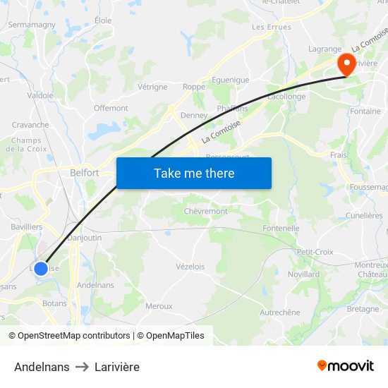 Andelnans to Larivière map