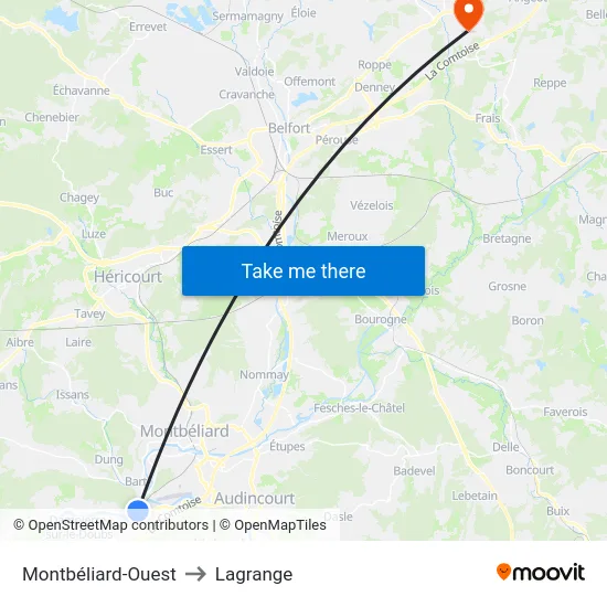Montbéliard-Ouest to Lagrange map