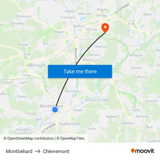 Montbéliard to Chèvremont map