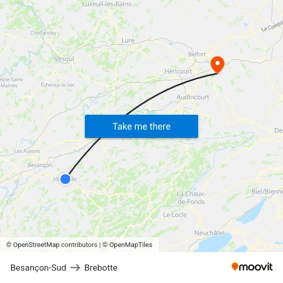 Besançon-Sud to Brebotte map