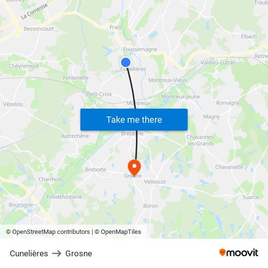 Cunelières to Grosne map