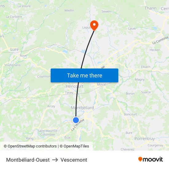 Montbéliard-Ouest to Vescemont map