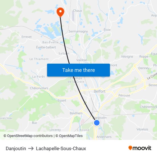 Danjoutin to Lachapelle-Sous-Chaux map