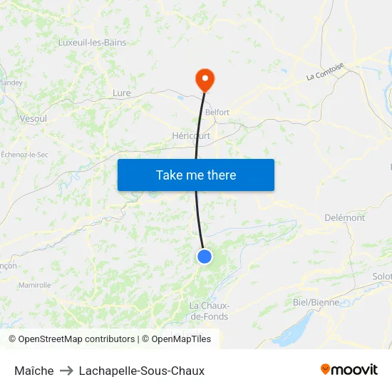 Maîche to Lachapelle-Sous-Chaux map
