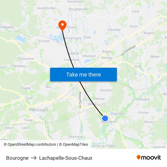 Bourogne to Lachapelle-Sous-Chaux map