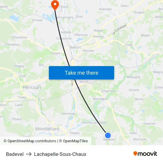 Badevel to Lachapelle-Sous-Chaux map