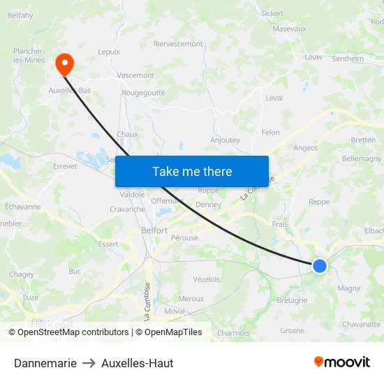 Dannemarie to Auxelles-Haut map