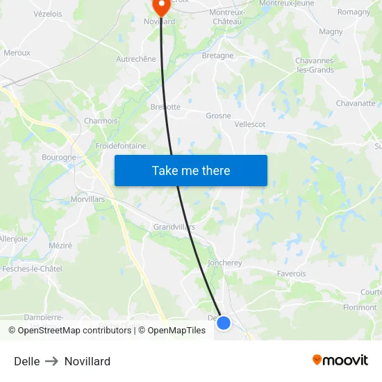 Delle to Novillard map