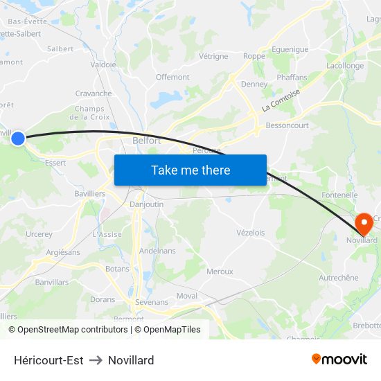 Héricourt-Est to Novillard map