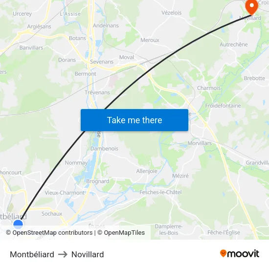 Montbéliard to Novillard map