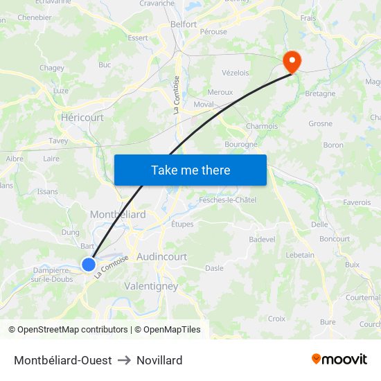 Montbéliard-Ouest to Novillard map