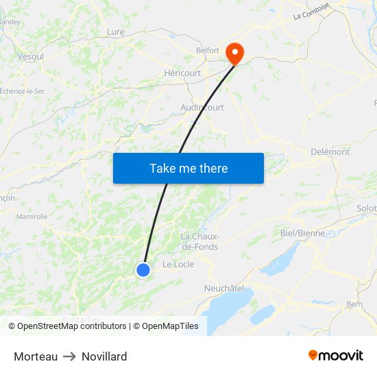 Morteau to Novillard map
