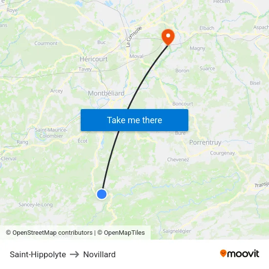 Saint-Hippolyte to Novillard map
