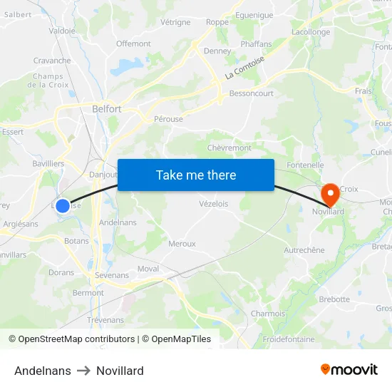 Andelnans to Novillard map