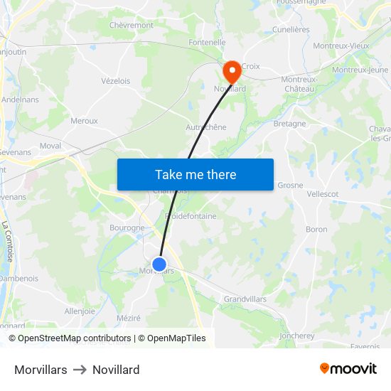 Morvillars to Novillard map