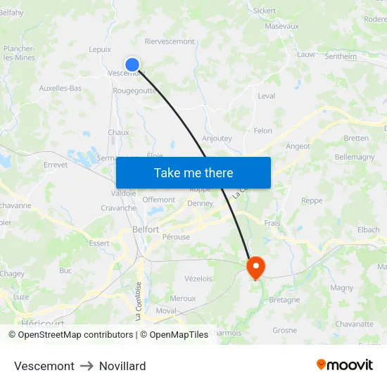 Vescemont to Novillard map