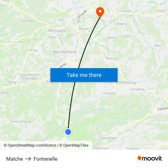 Maîche to Fontenelle map