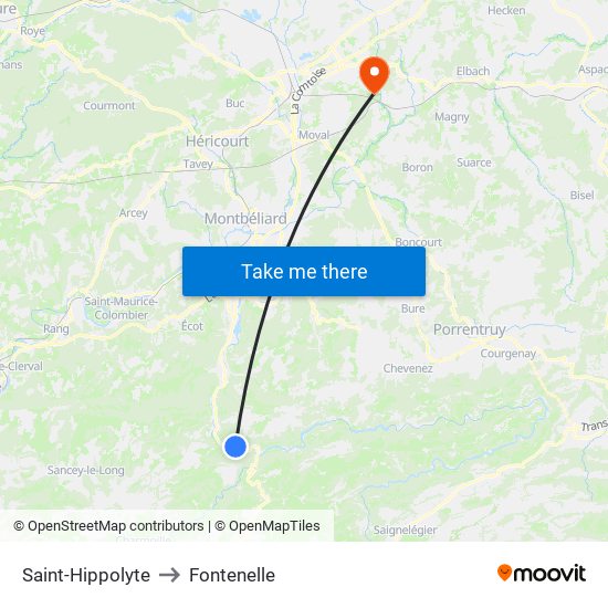 Saint-Hippolyte to Fontenelle map
