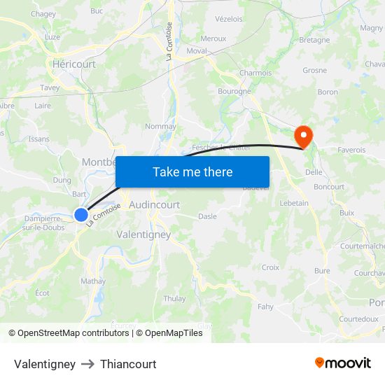 Valentigney to Thiancourt map