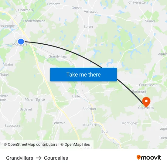 Grandvillars to Courcelles map