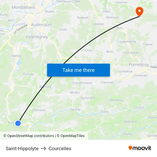 Saint-Hippolyte to Courcelles map
