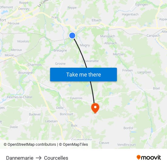 Dannemarie to Courcelles map