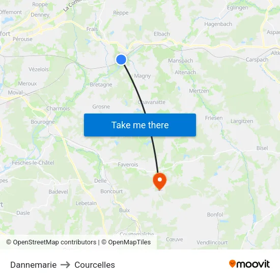 Dannemarie to Courcelles map