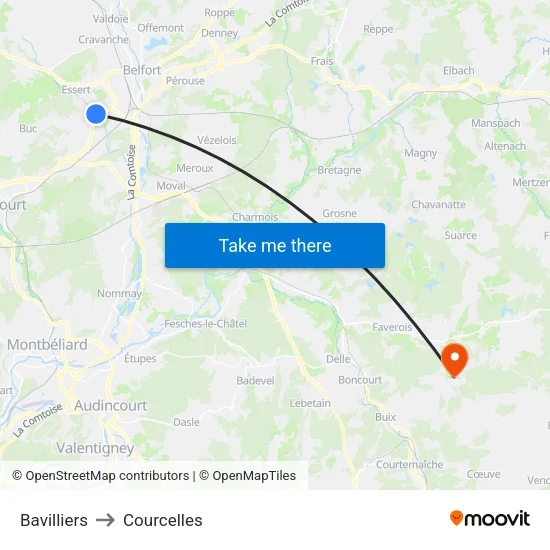 Bavilliers to Courcelles map