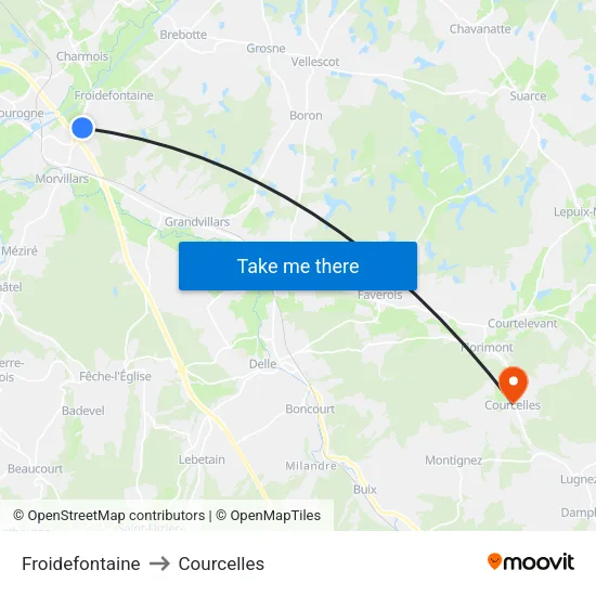 Froidefontaine to Courcelles map