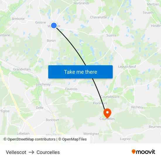 Vellescot to Courcelles map