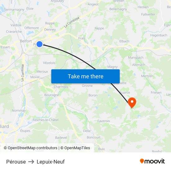 Pérouse to Lepuix-Neuf map