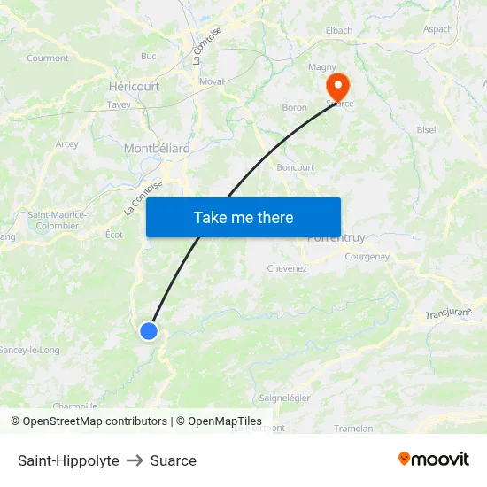 Saint-Hippolyte to Suarce map