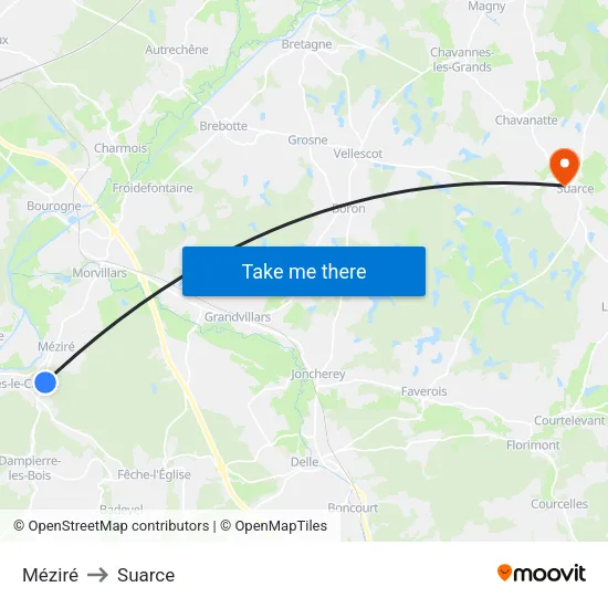 Méziré to Suarce map