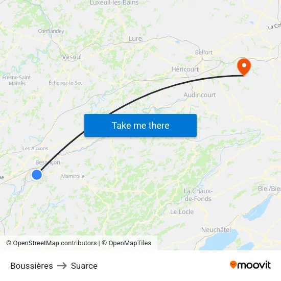 Boussières to Suarce map