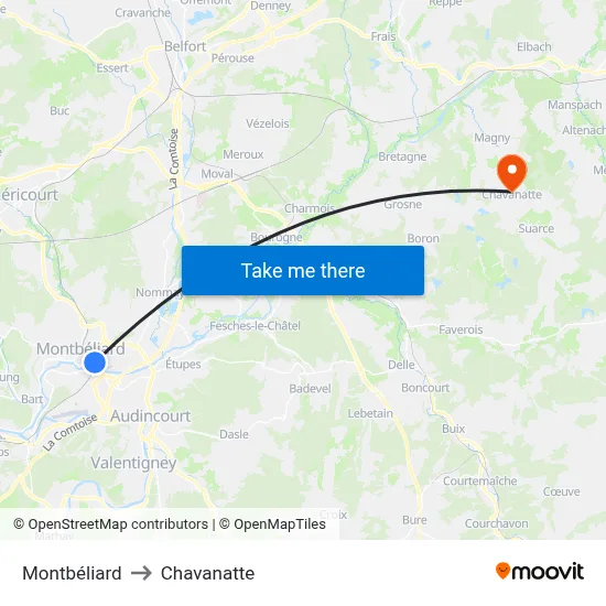 Montbéliard to Chavanatte map
