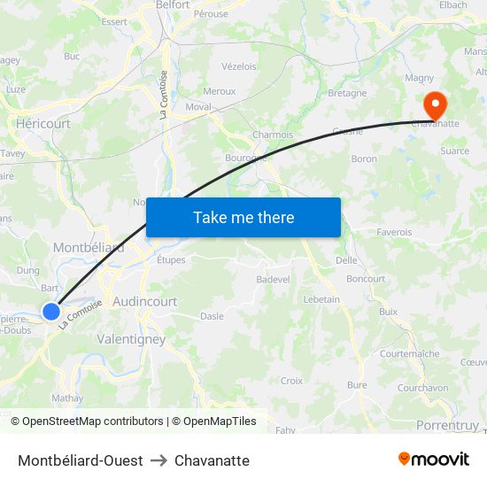Montbéliard-Ouest to Chavanatte map