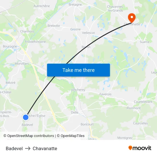 Badevel to Chavanatte map