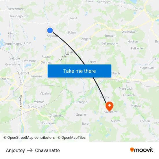 Anjoutey to Chavanatte map