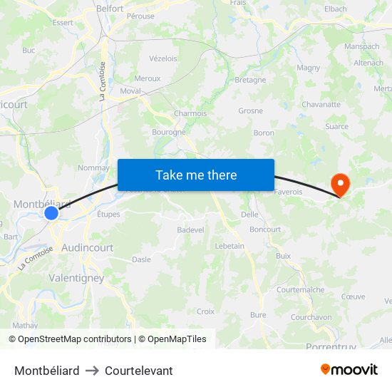 Montbéliard to Courtelevant map