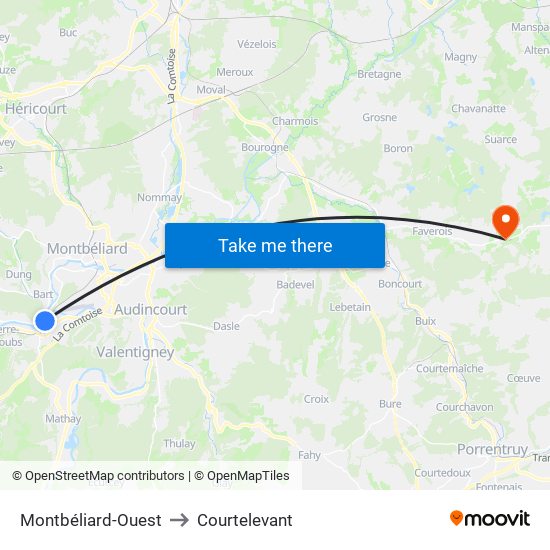 Montbéliard-Ouest to Courtelevant map