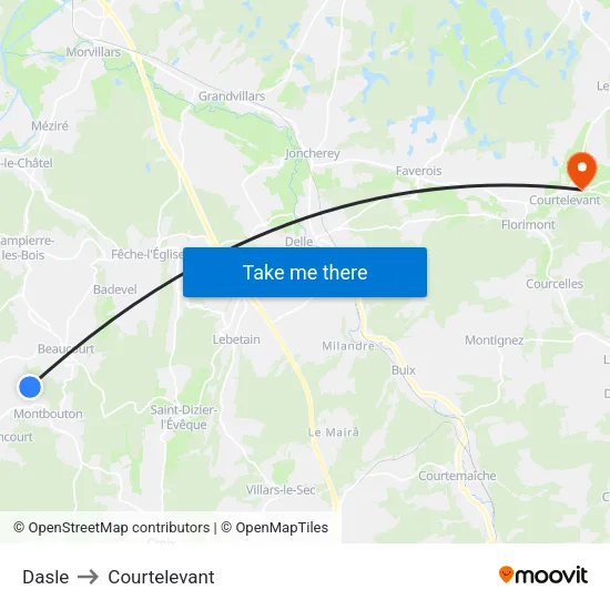 Dasle to Courtelevant map