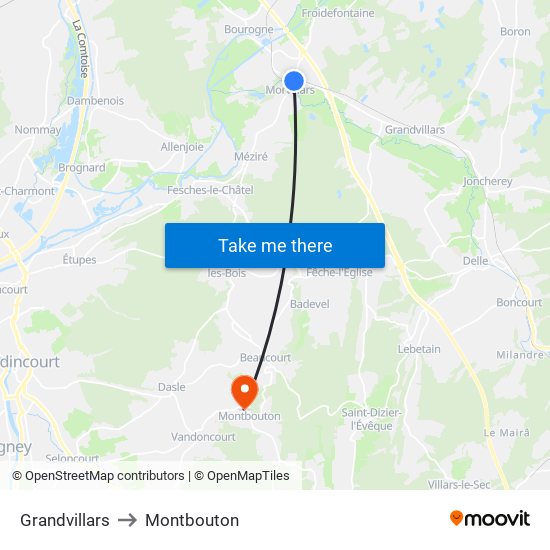 Grandvillars to Montbouton map